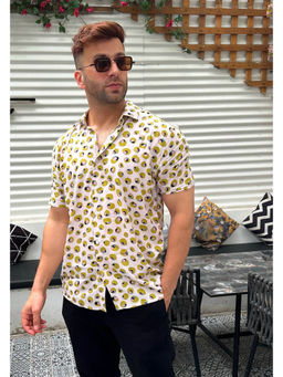 GRITSTONES - Men White & Green Stone Print Rayon Shirt