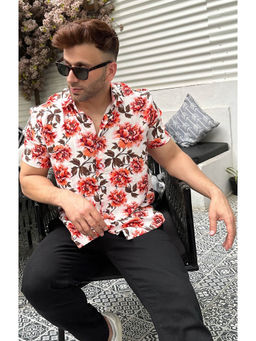 GRITSTONES - Men White & Orange Floral Rayon Shirt