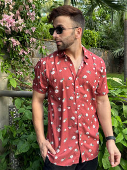 GRITSTONES - Men Red Floral Print Rayon Shirt