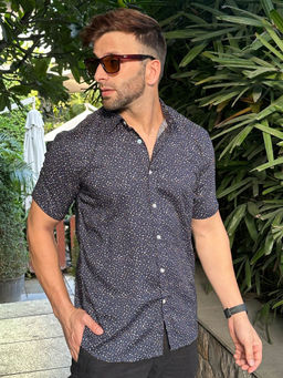 GRITSTONES - Men Navy Dot Print Rayon Shirt