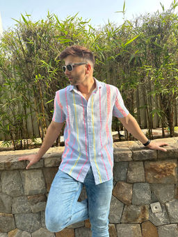 GRITSTONES - Men Stripe Blue Cotton Shirt