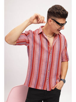 GRITSTONES - Men Red Oversized Striped Revere Collar Shirt