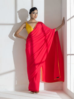 Swtantra - Hannah Pink and Yellow Crepe Saree with Yellow Sequin and Unstitched Blouse