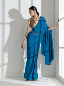 Swtantra - Blue Beauty Crepe Saree with Diamond lace with Unstitched Blouse