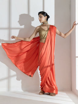 Swtantra - Spanish Orange Satin with Golden Piping and Unstitched Blouse