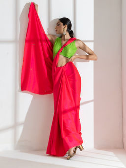 Swtantra - Hot Pink Satin Saree with Rainbow Beads and Green Sequin and Unstitched Blouse
