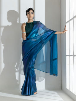Swtantra - Regal Blue with Pink Shine organza Net Saree and Rama Sequin and Unstitched Blouse