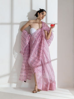 Swtantra - Rosy Lilac Pink Chiffon Saree with Rose gold Stripes