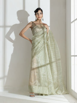 Swtantra - Summer Green Organza Saree with Self Stripes and Rainbow Lace