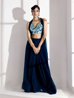 Swtantra - Blue Casa Soft Organza Saree with Diamond Lace and Unstitched Blouse
