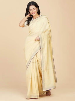 Fabindia - Beige Cotton Silk Hand Embroidery Saree without Blouse