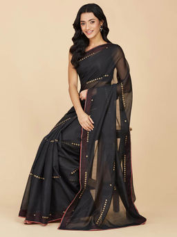 Fabindia - Black Cotton Silk Hand Embroidery Saree without Blouse