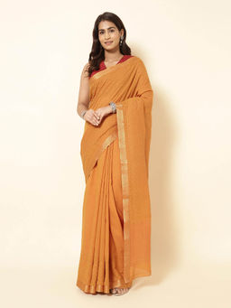 Fabindia - Orange Cotton Chikankari Saree without Blouse
