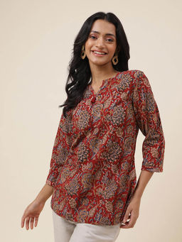 Fabindia - Red Cotton Kalamkari Printed Slim Fit Short Kurti