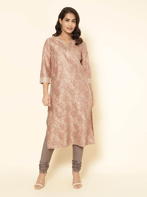 Buy Fabindia Beige Viscose Silk Printed Long Kurta Online