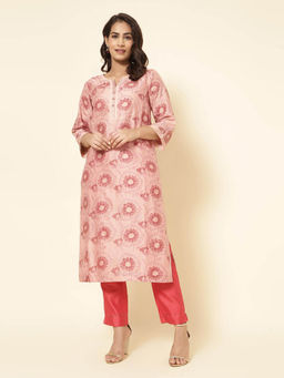 Fabindia - Pink Cotton Silk Printed Long Kurta