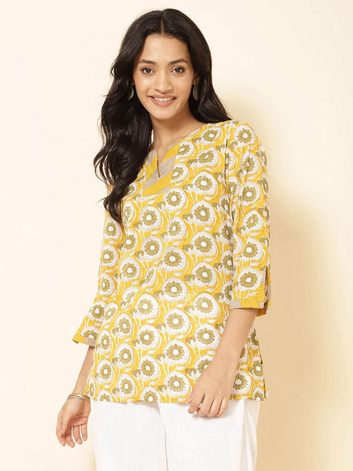 Buy Fabindia Yellow Cotton Hand Block Printed Slim Fit Short Kurti