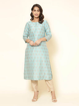 Fabindia - Blue Cotton Silk Printed Long Kurta