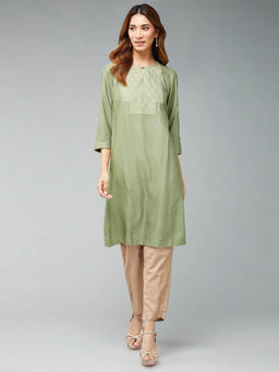 Fabindia - Green Viscose Silk Embroidered Knee Length Kurta