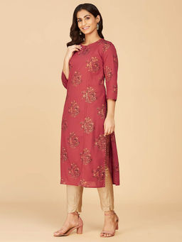 Fabindia - Red Cotton Printed Slim Fit Long Kurta