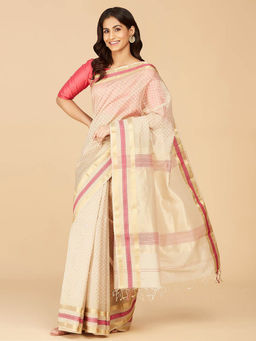 Fabindia - Beige Cotton Silk Blend Hand Block Printed Saree without Blouse