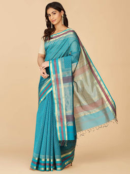 Fabindia - Teal Cotton Silk Blend Hand Block Printed Saree without Blouse