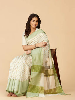 Fabindia - Natural Cotton Silk Hand Block Printed Saree without Blouse