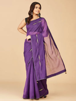 Fabindia - Purple Cotton Silk Metallic Embroideries Saree without Blouse