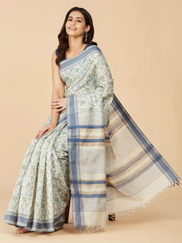 Fabindia - White Silk Blend Hand Block Printed Saree without Blouse
