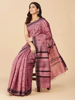 Fabindia - Pink Silk Blend Hand Block Printed Saree without Blouse