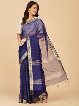 Fabindia - Blue Cotton Silk Maheshwari Stitched Saree without Blouse