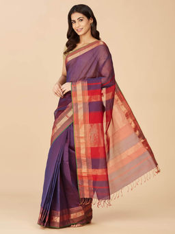 Fabindia - Purple Cotton Silk Maheshwari Stitched Saree without Blouse