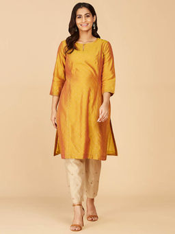 Fabindia - Mustard Cotton Silk Printed Long Kurta