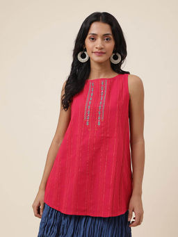 Fabindia - Pink Cotton Embroidered Slim Fit Short Kurti