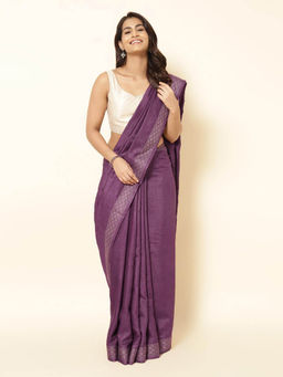 Fabindia - Purple Silk Blend Woven Saree without Blouse