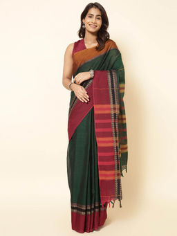 Fabindia - Green Cotton Woven Saree without Blouse