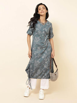 Fabindia - Indian Grey Cotton Linen Printed Kurta