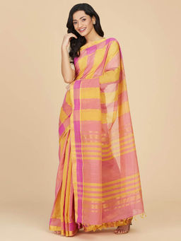 Fabindia - Yellow Cotton Striped Saree without Blouse