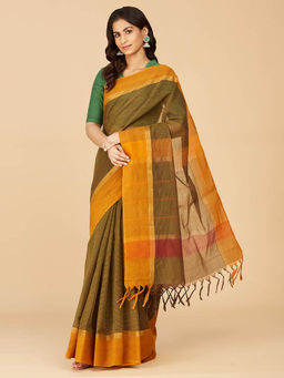 Fabindia - Green Cotton Hand Woven Saree without Blouse