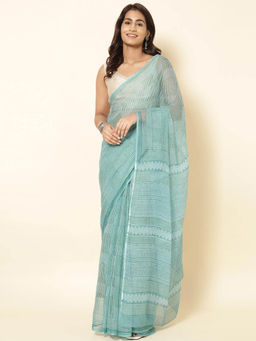Fabindia - Light Blue Cotton Silk Printed Saree without Blouse