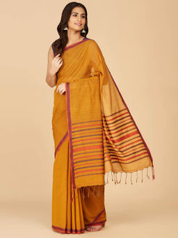 Fabindia - Orange Cotton Hand Woven Saree without Blouse
