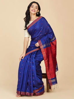 Fabindia - Blue Silk Jamdani Saree without Blouse