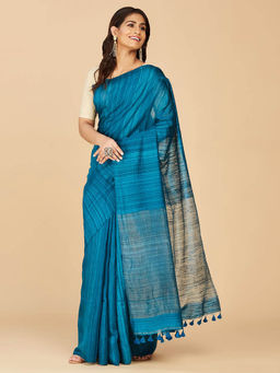 Fabindia - Turquoise Silk Hand Woven Saree without Blouse
