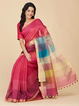 Fabindia - Pink Linen Blend Hand Woven Saree without Blouse