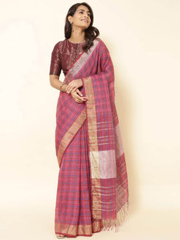 Fabindia - Pink Linen Blend Hand Woven Saree without Blouse