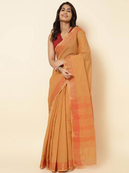 Fabindia - Orange Cotton Woven Saree without Blouse