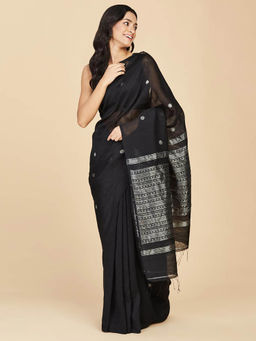 Fabindia - Black Linen Blend Hand Woven Saree without Blouse