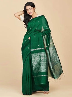 Fabindia - Green Linen Blend Hand Woven Saree without Blouse