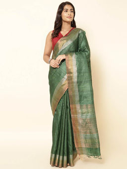 Fabindia - Green Silk Blend Woven Saree without Blouse