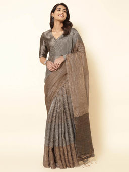 Fabindia - Brown Silk Blend Hand Woven Saree without Blouse